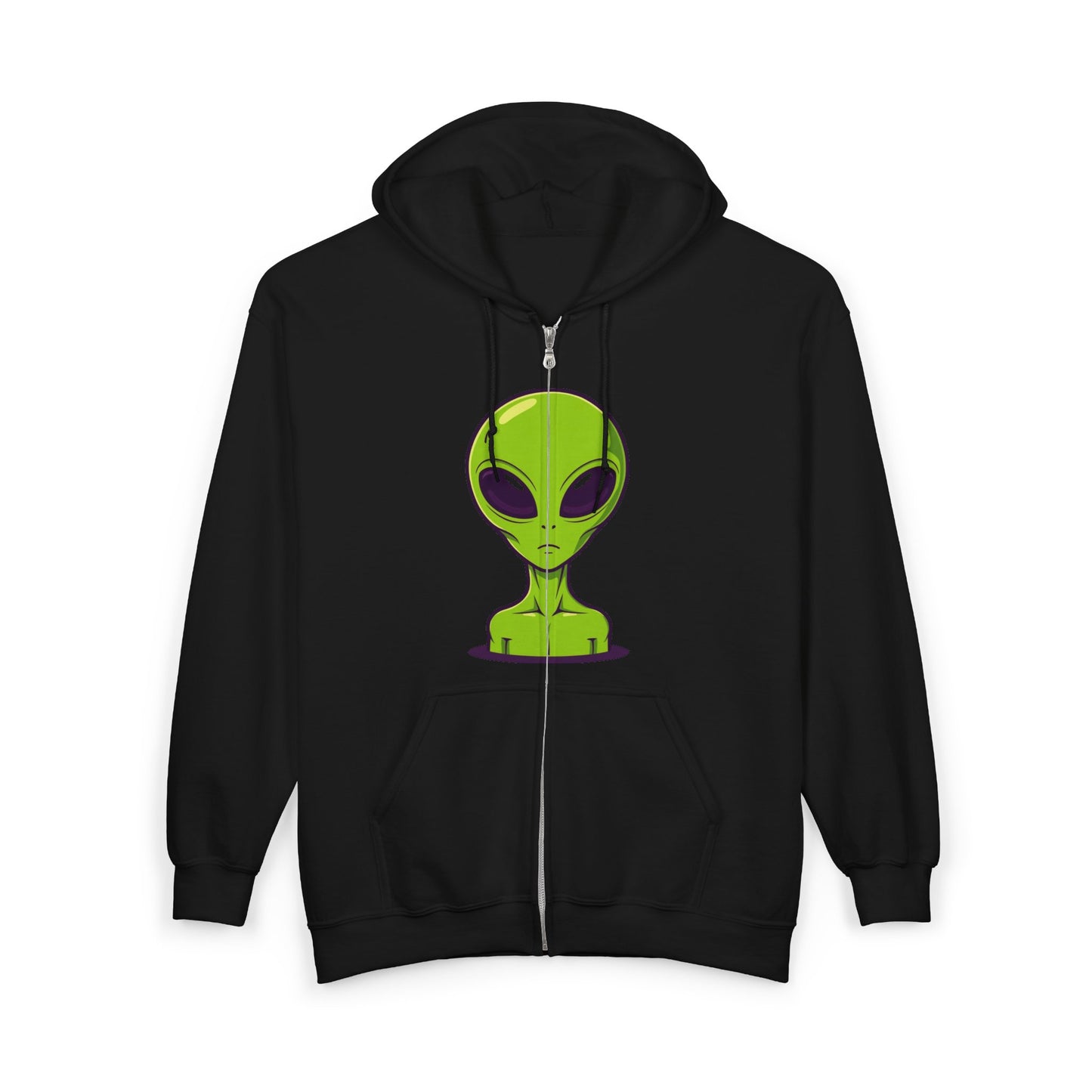 Alien Graphic Zip Hoodie — Green Extraterrestrial Face Full-Zip Sweatshirt