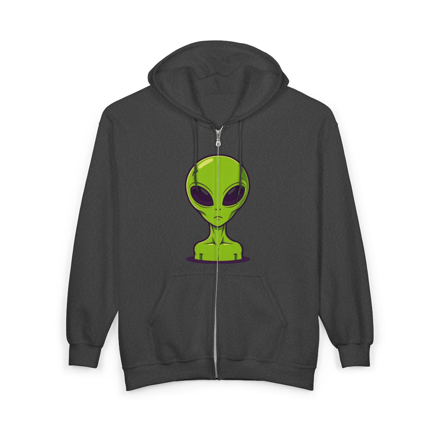 Alien Graphic Zip Hoodie — Green Extraterrestrial Face Full-Zip Sweatshirt