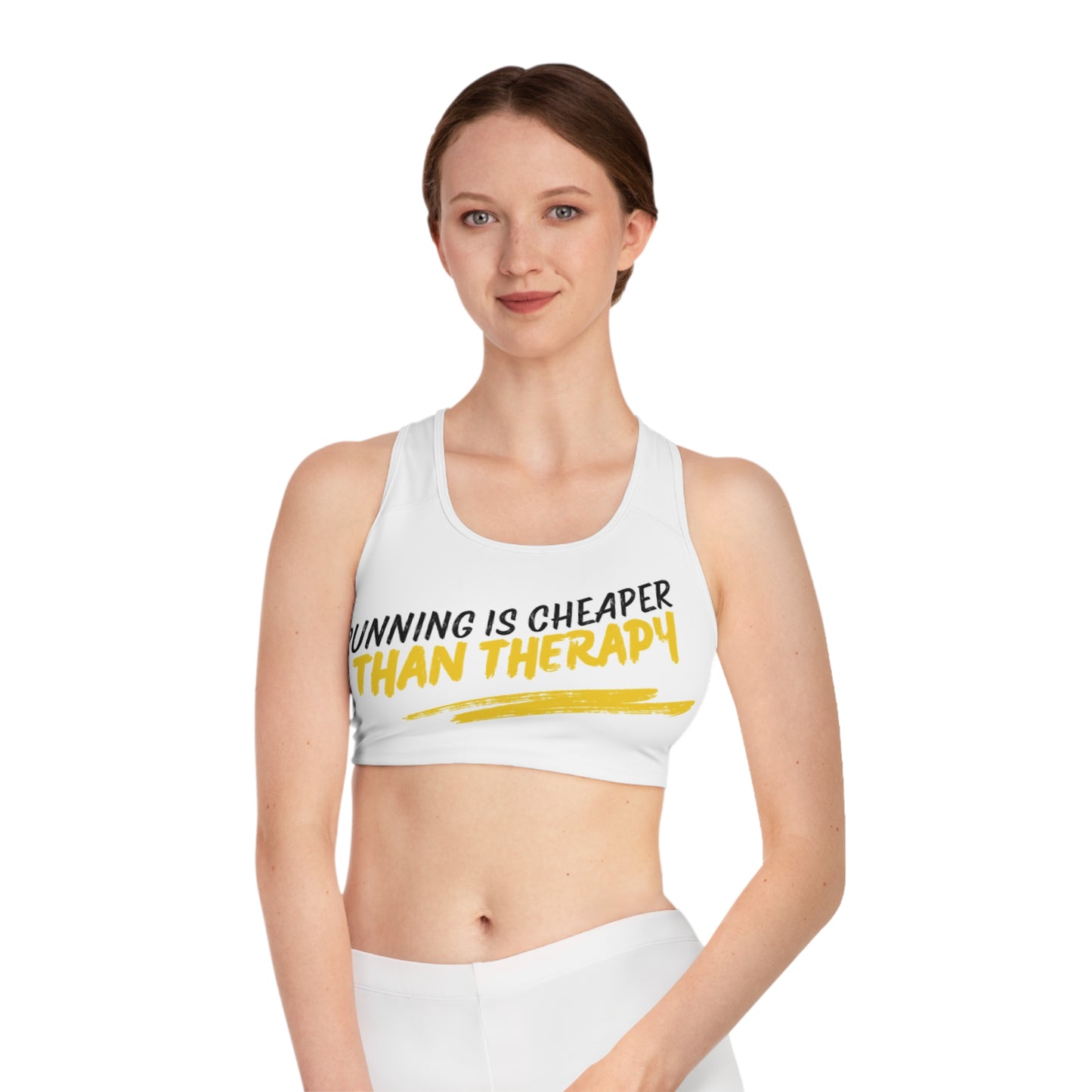 Running Is Cheaper Than Therapy Sports Bra — Motivational Racerback Activewear