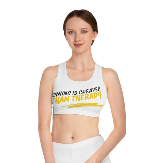 Running Is Cheaper Than Therapy Sports Bra — Motivational Racerback Activewear
